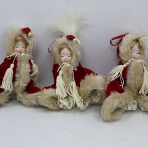 Vintage Victorian Style Porcelain Doll in Red Velvet & Lace Garment Ornaments